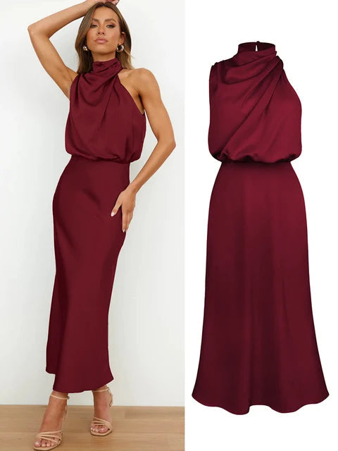 Elaria | Women's Elegant Halter Neck Spaghetti Strap Midi Dress