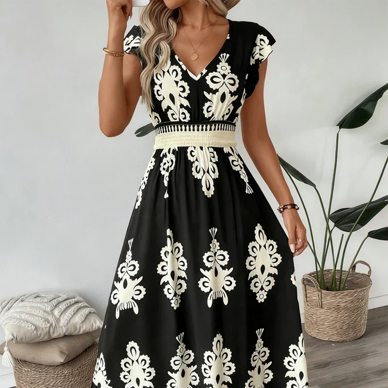 Elena | Elegant Graphic Print A-Line Midi Dress
