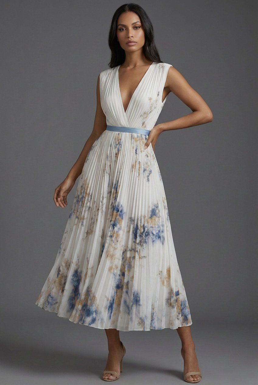 Avery | Elegant Pleated Floral Midi Dress