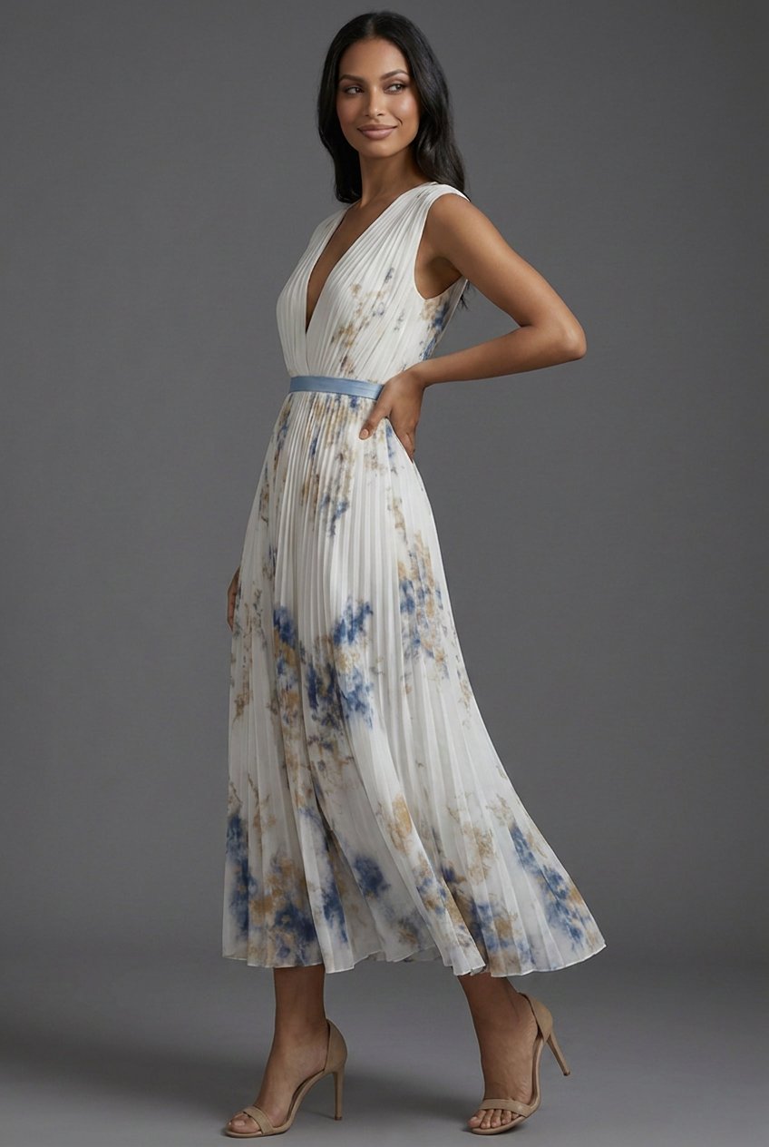 Avery | Elegant Pleated Floral Midi Dress