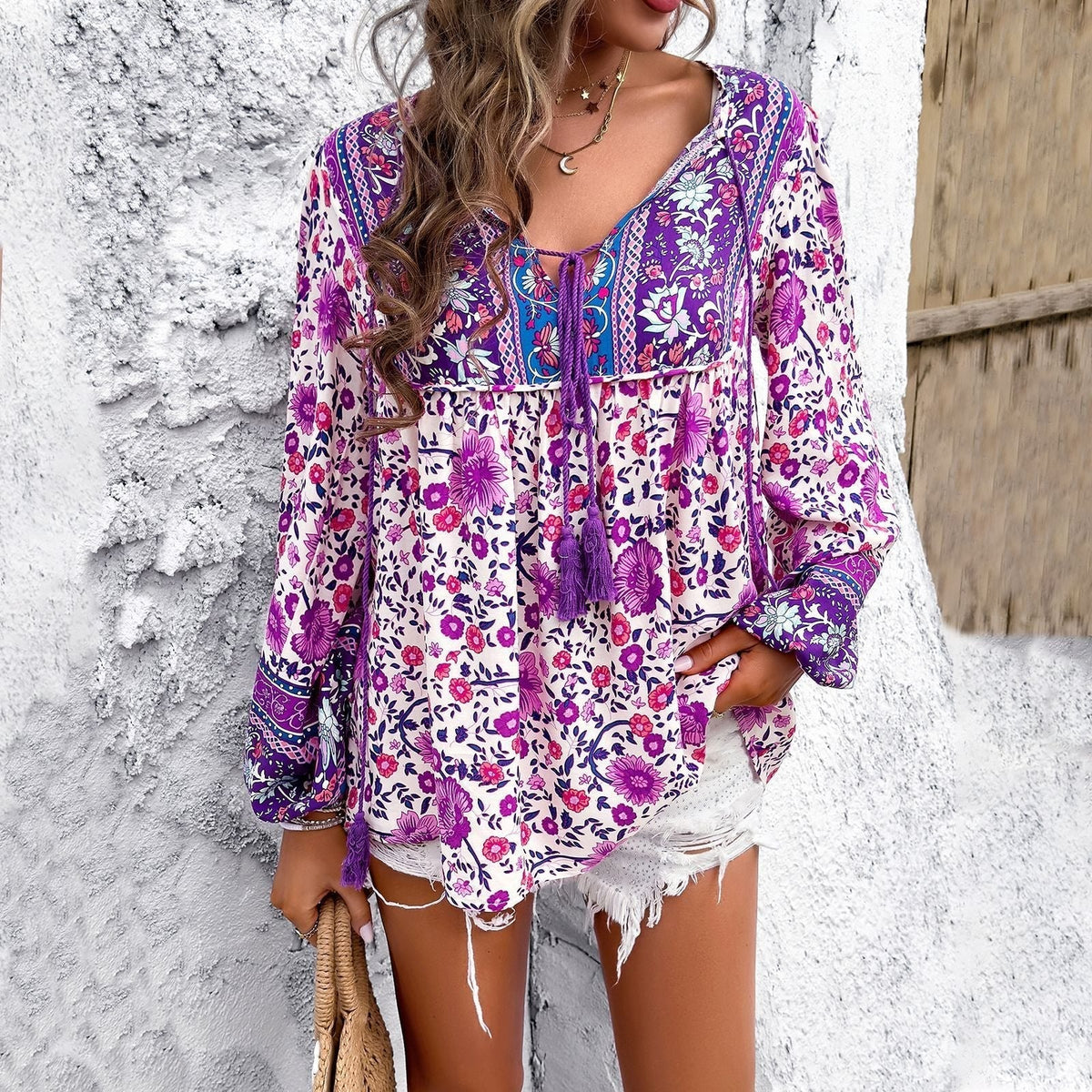 Livia | Light and Breezy Bohemian Floral Drawstring Tunic Blouse