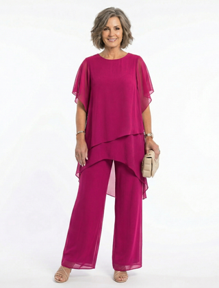 Rosalind Tiered Tunic & Wide-Leg Trouser Set in Magenta