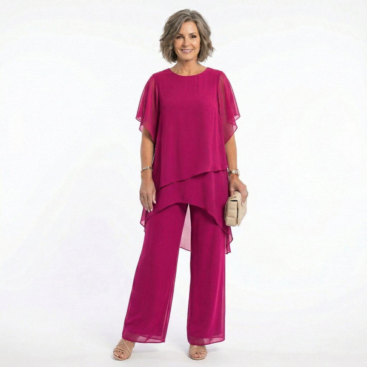 Rosalind Tiered Tunic & Wide-Leg Trouser Set in Magenta