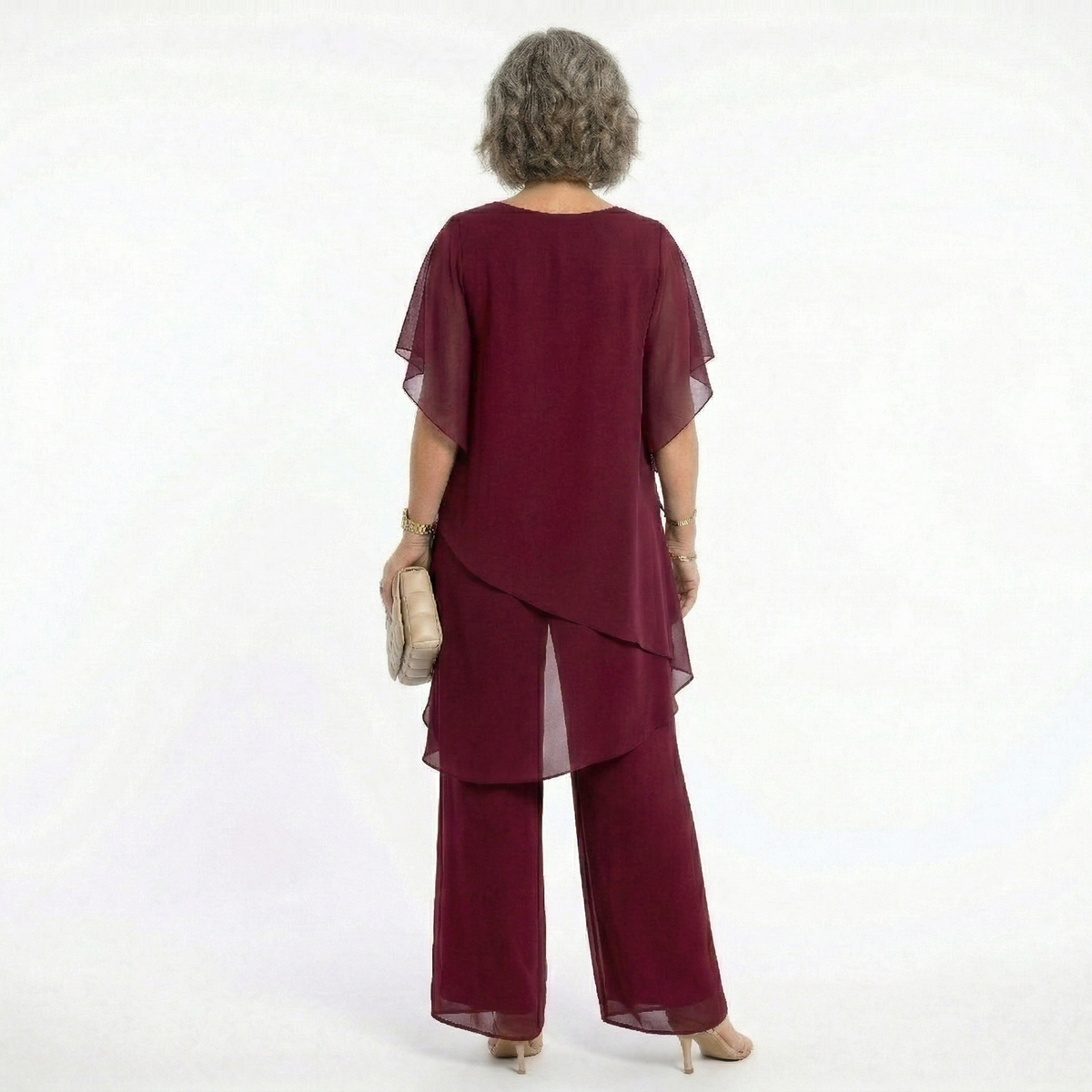 Rosalind Tiered Tunic & Wide-Leg Trouser Set in Burgundy