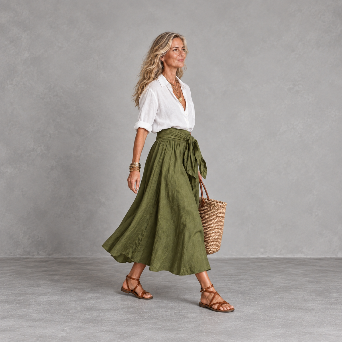 RIVER | Two-Piece Set: Black Top and Olive Green Midi Skirt