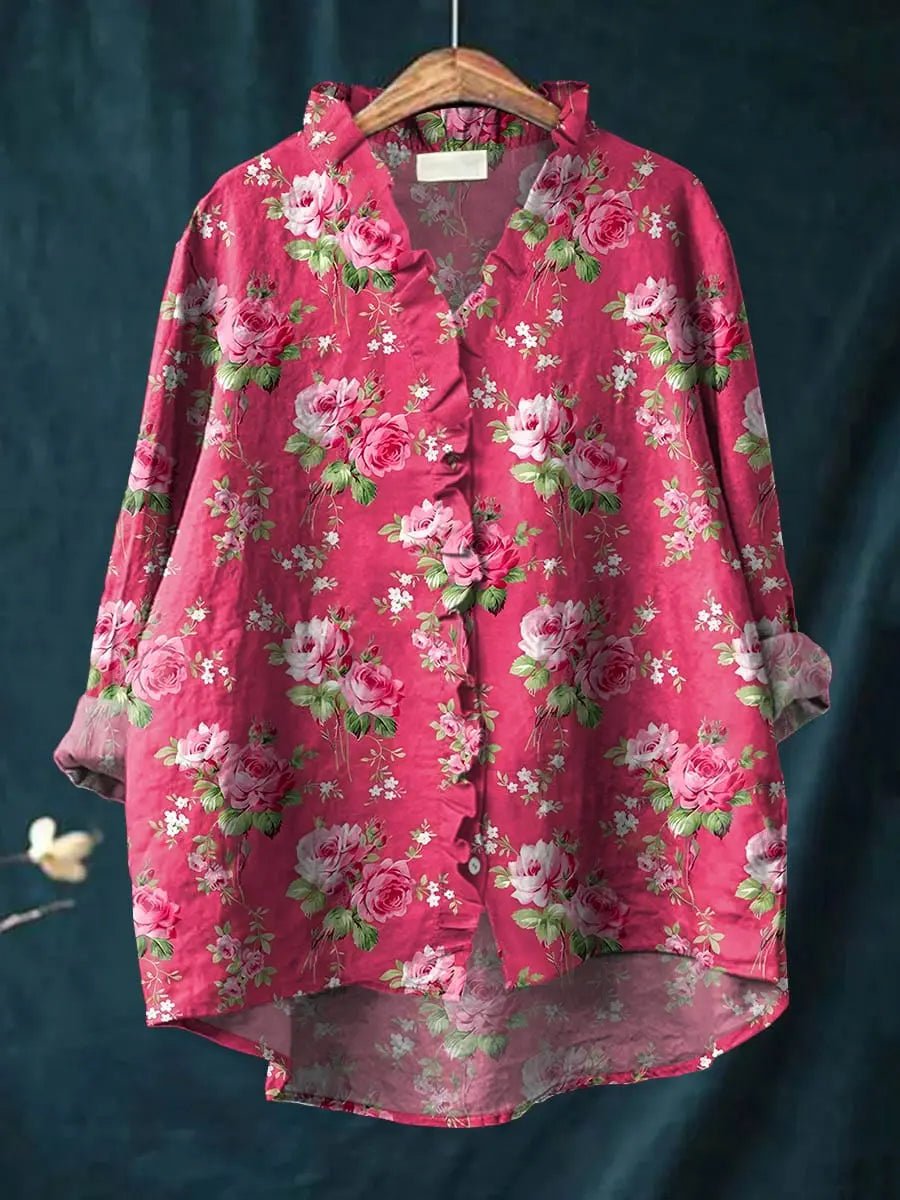 Emilia | Relaxed-Fit Floral Ruffle-Trim Linen Button-Down Blouse
