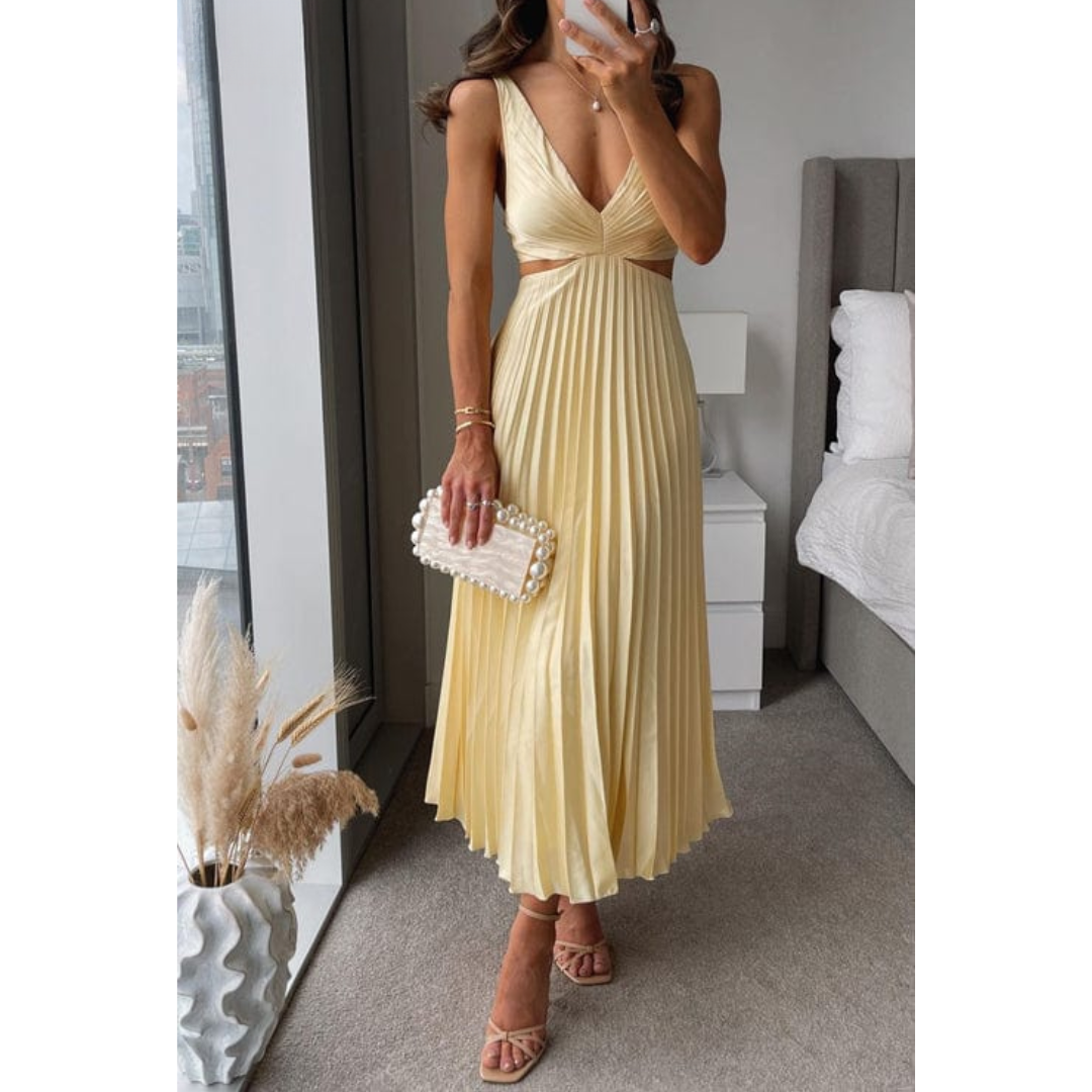 Virella | Women's Pleated V-Neck Elegant Midi Dress