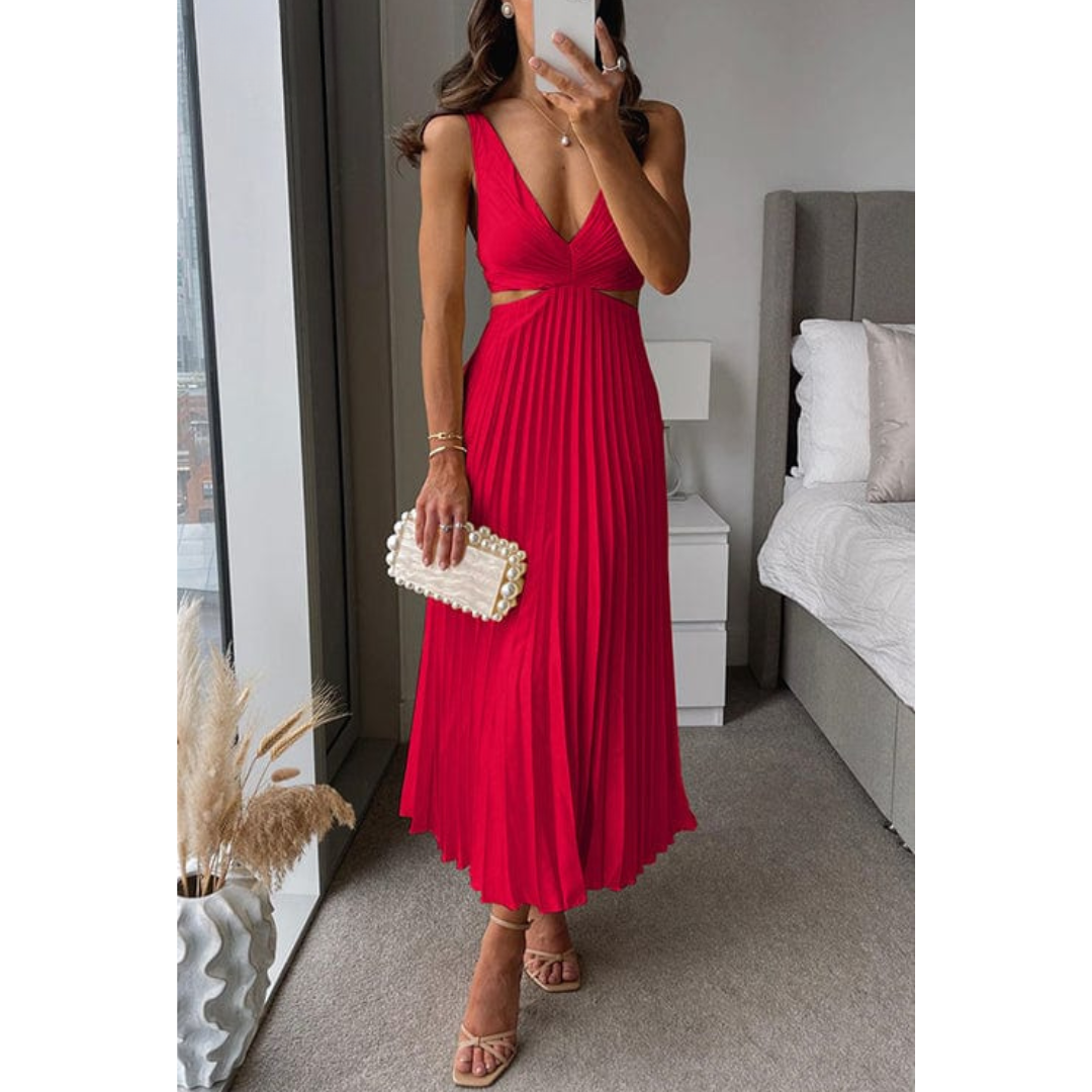 Virella | Women's Pleated V-Neck Elegant Midi Dress