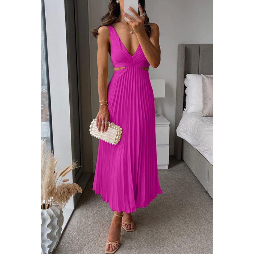 Virella | Women's Pleated V-Neck Elegant Midi Dress