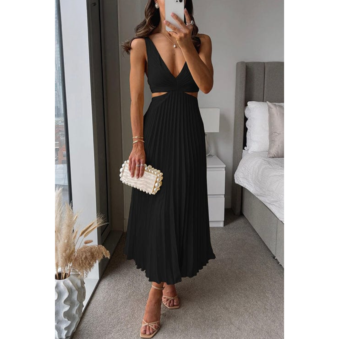 Virella | Women's Pleated V-Neck Elegant Midi Dress