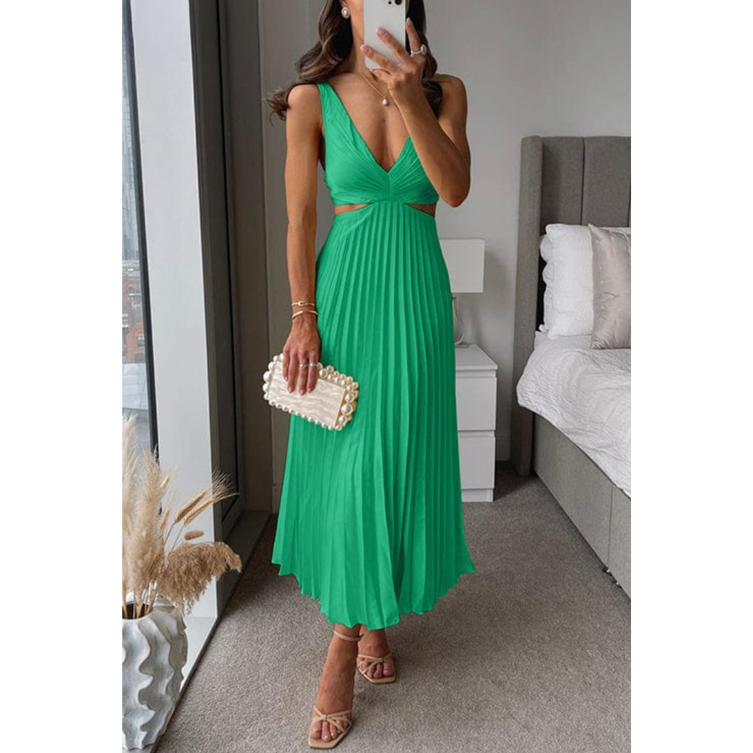 Virella | Women's Pleated V-Neck Elegant Midi Dress