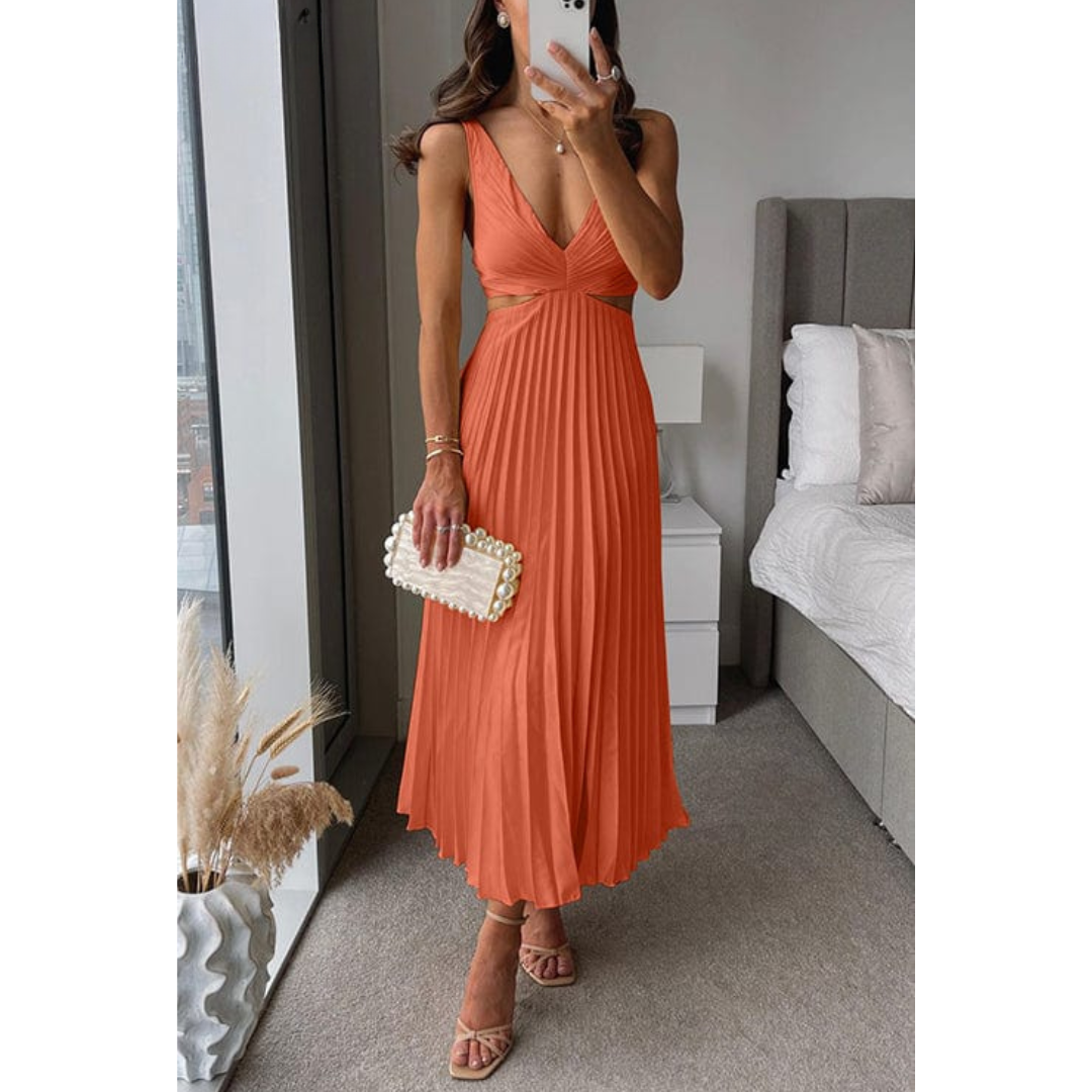 Virella | Women's Pleated V-Neck Elegant Midi Dress