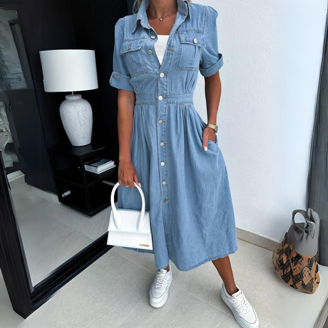 Cressida | Women's Denim Shirt Midi Dress with Pockets