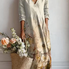 Winifred floral print V-neck pocket midi dress in Cream