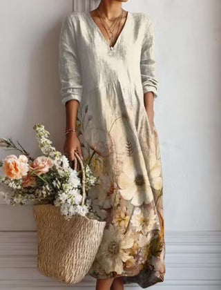 Winifred floral print V-neck pocket midi dress in Cream
