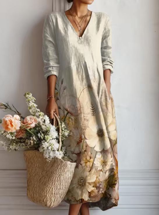 Winifred floral print V-neck pocket midi dress in Cream