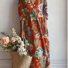 Winifred floral print V-neck pocket midi dress in Rust