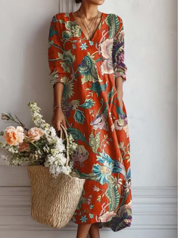 Winifred floral print V-neck pocket midi dress in Rust