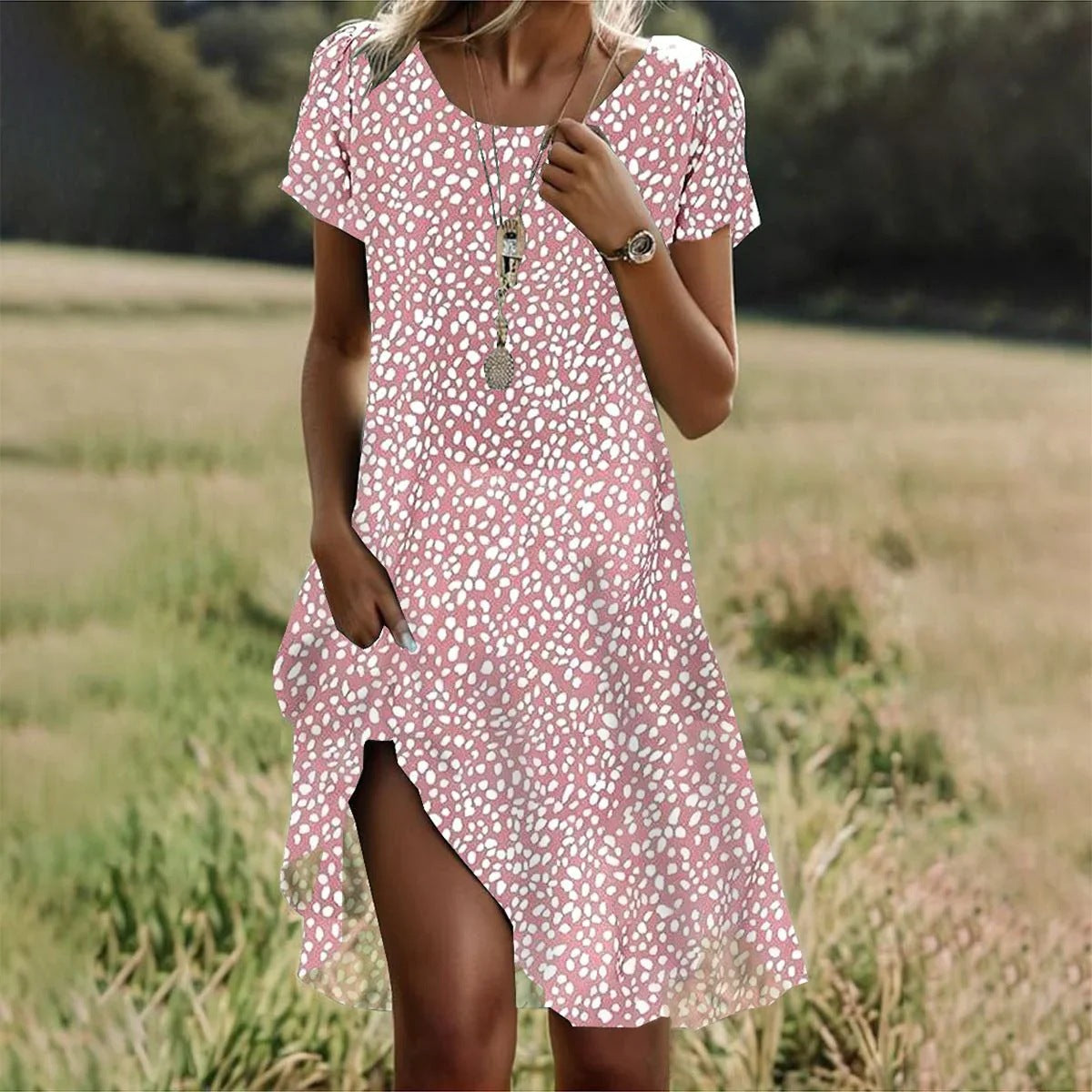 Georgina print summer dress in Pink