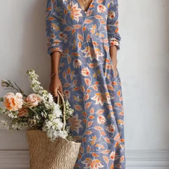 Winifred floral print V-neck pocket midi dress in Dusty Blue