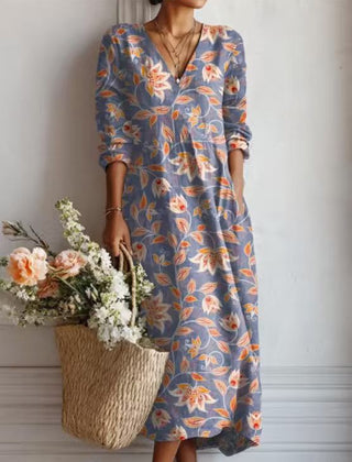 Winifred floral print V-neck pocket midi dress in Dusty Blue