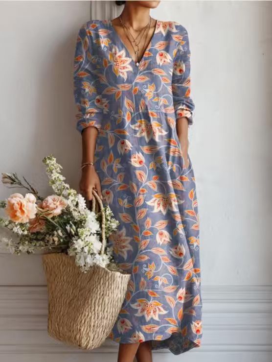Winifred floral print V-neck pocket midi dress in Dusty Blue