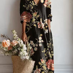 Winifred floral print V-neck pocket midi dress in Black