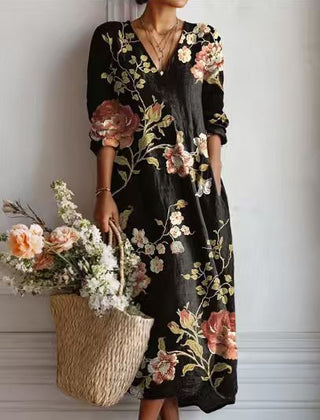 Winifred floral print V-neck pocket midi dress in Black
