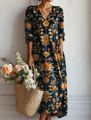Winifred floral print V-neck pocket midi dress in Navy