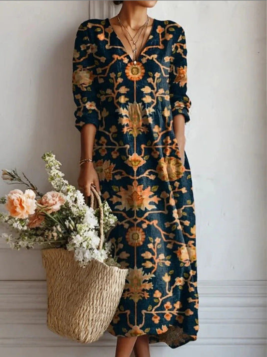 Winifred floral print V-neck pocket midi dress in Navy