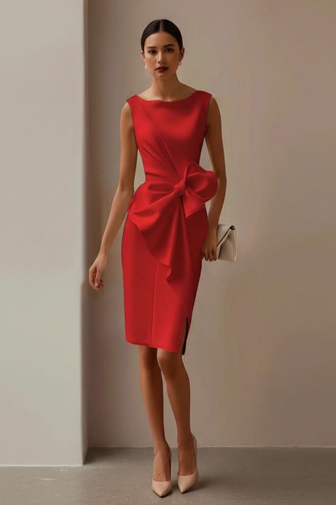 Julia | Elegant Sleeveless Bow-Detail Cocktail Midi Dress