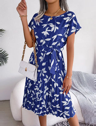 Rosalinde Pleated Floral Midi Dress in Royal Blue