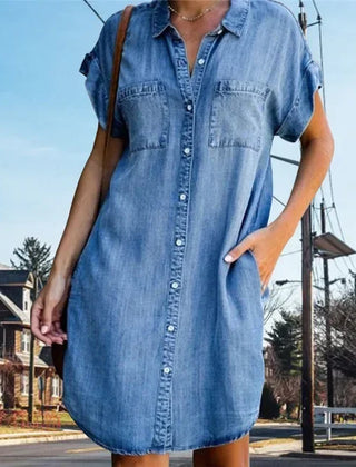 Billie Denim-Look Button-Front Shirt Dress in Blue