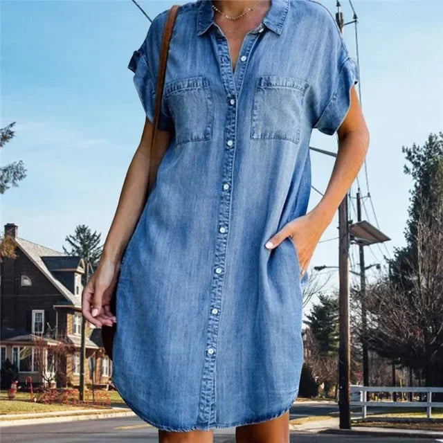 Billie Denim-Look Button-Front Shirt Dress in Blue