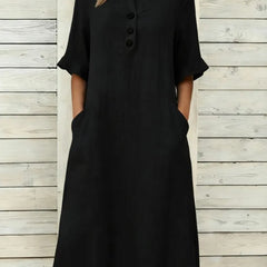 Annika Button-Neck Midi Dress with Pockets in Black