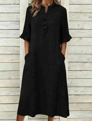 Annika Button-Neck Midi Dress with Pockets in Black