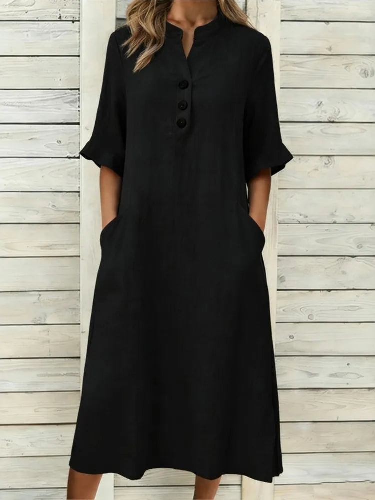 Annika Button-Neck Midi Dress with Pockets in Black