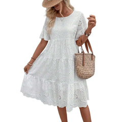 Nerida Embroidered Eyelet Tiered Dress in White