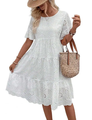 Nerida Embroidered Eyelet Tiered Dress in White