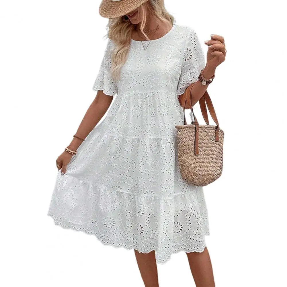 Nerida Embroidered Eyelet Tiered Dress in White