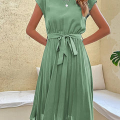 Leonie Pleated Tie-Belt Midi Dress in Mint Green