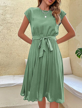 Leonie Pleated Tie-Belt Midi Dress in Mint Green