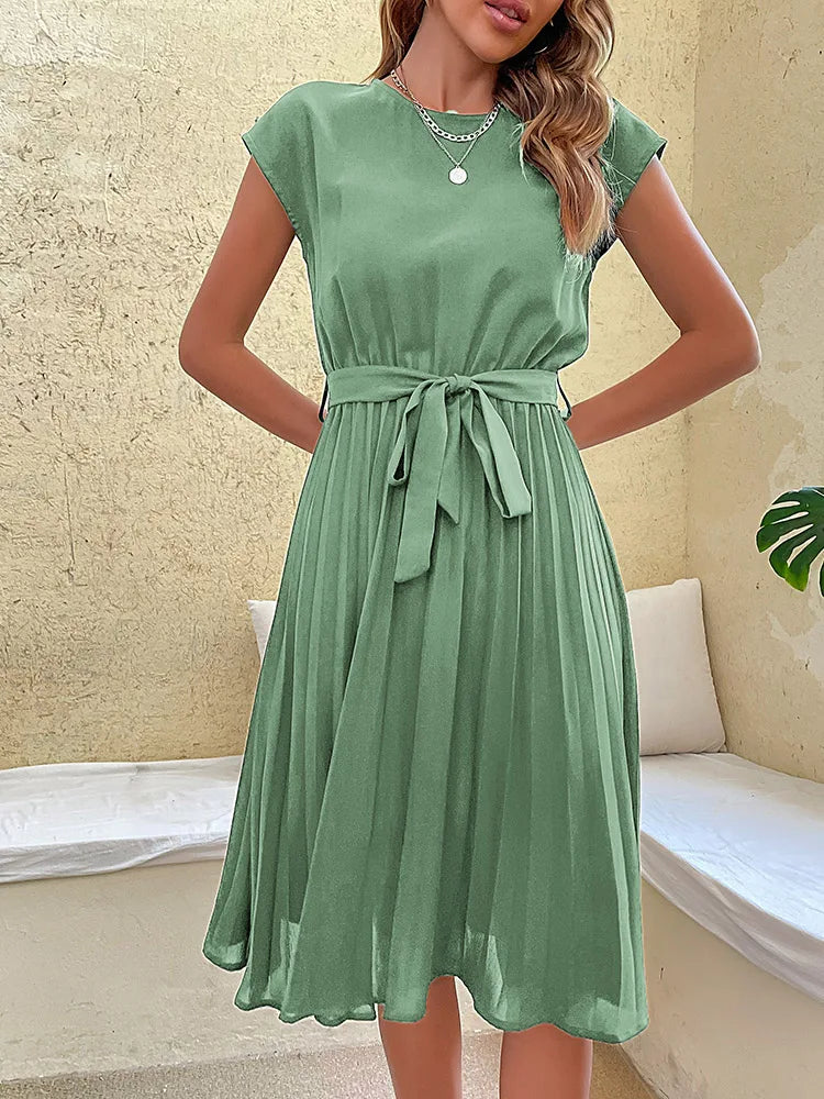 Leonie Pleated Tie-Belt Midi Dress in Mint Green