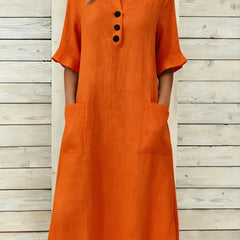 Annika Button-Neck Midi Dress with Pockets in Orange