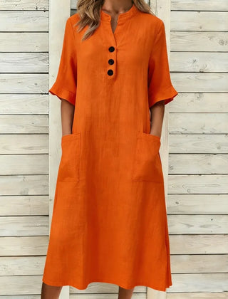Annika Button-Neck Midi Dress with Pockets in Orange