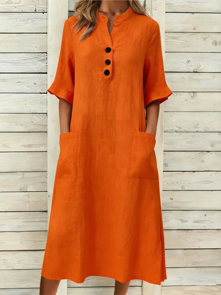 Annika Button-Neck Midi Dress with Pockets in Orange