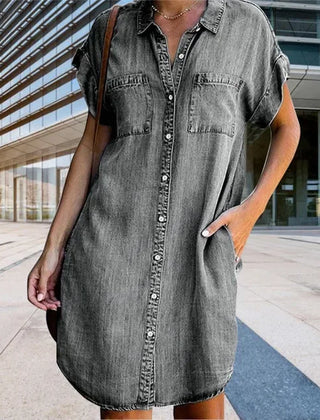 Billie Denim-Look Button-Front Shirt Dress in Grey