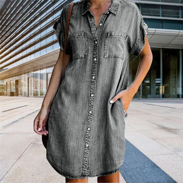 Billie Denim-Look Button-Front Shirt Dress in Grey