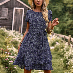 Clementine Belted Floral Print Dress in Navy