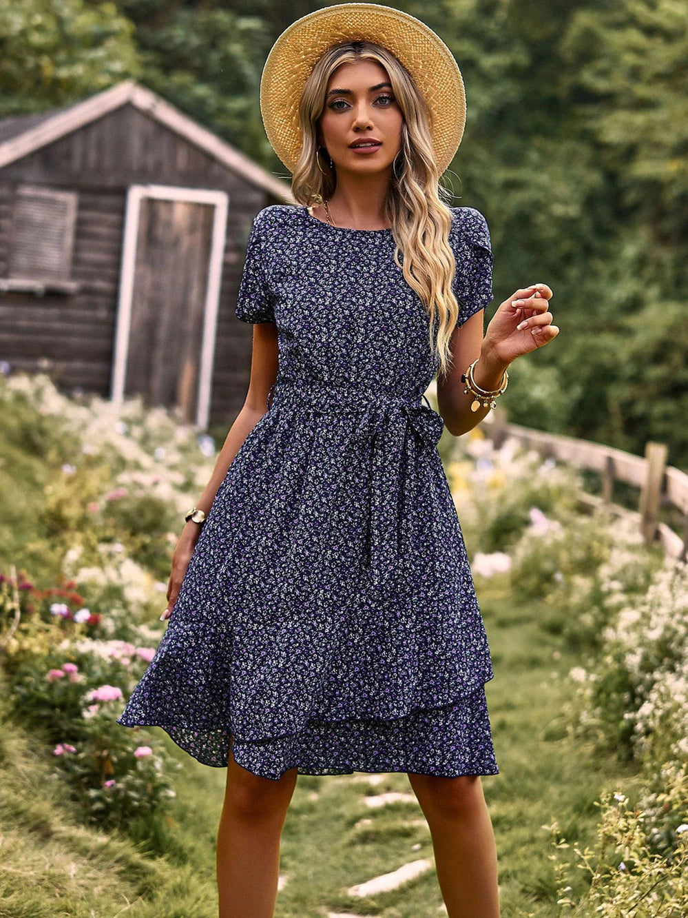 Clementine Belted Floral Print Dress in Navy